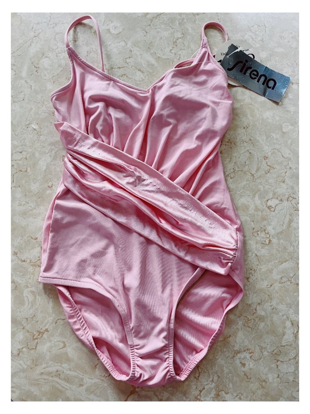 VTG NWT Sirena Sz M Shell Pink One Piece with Satin Sash Deep V Neck and Back